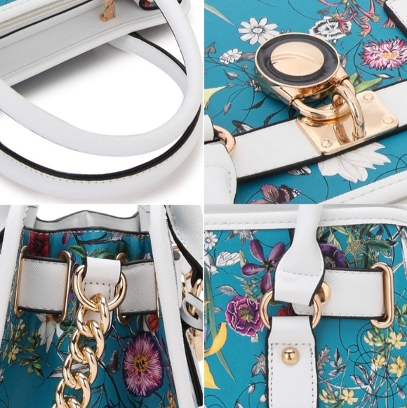 🌟NWOT Designer Inspired White Blue  Handbag Satchel With Gold Lock🌟 - Picture 4 of 7